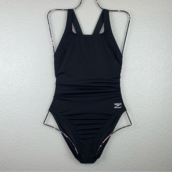 Speedo Womens Scoop Neck Solid Endurance+ One Piece Swimsuit Black 10/36 NWT - Picture 1 of 8